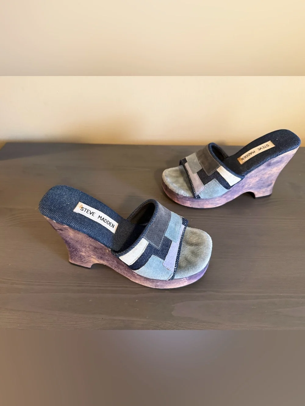 Steve Madden Vintage Y2K Denim Patchwork Wooden Platform Heels